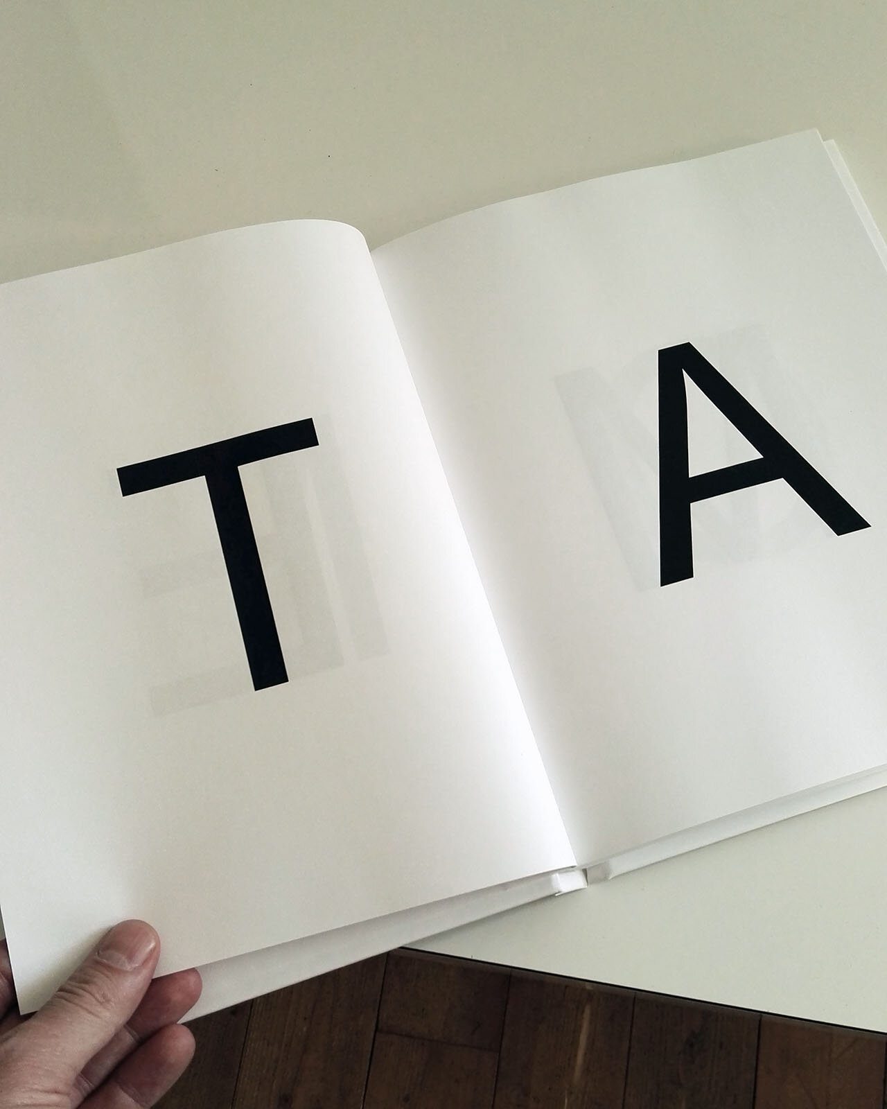 An open book held in a hand, two facing pages each carrying a single oversized letter, 'T' and 'A'