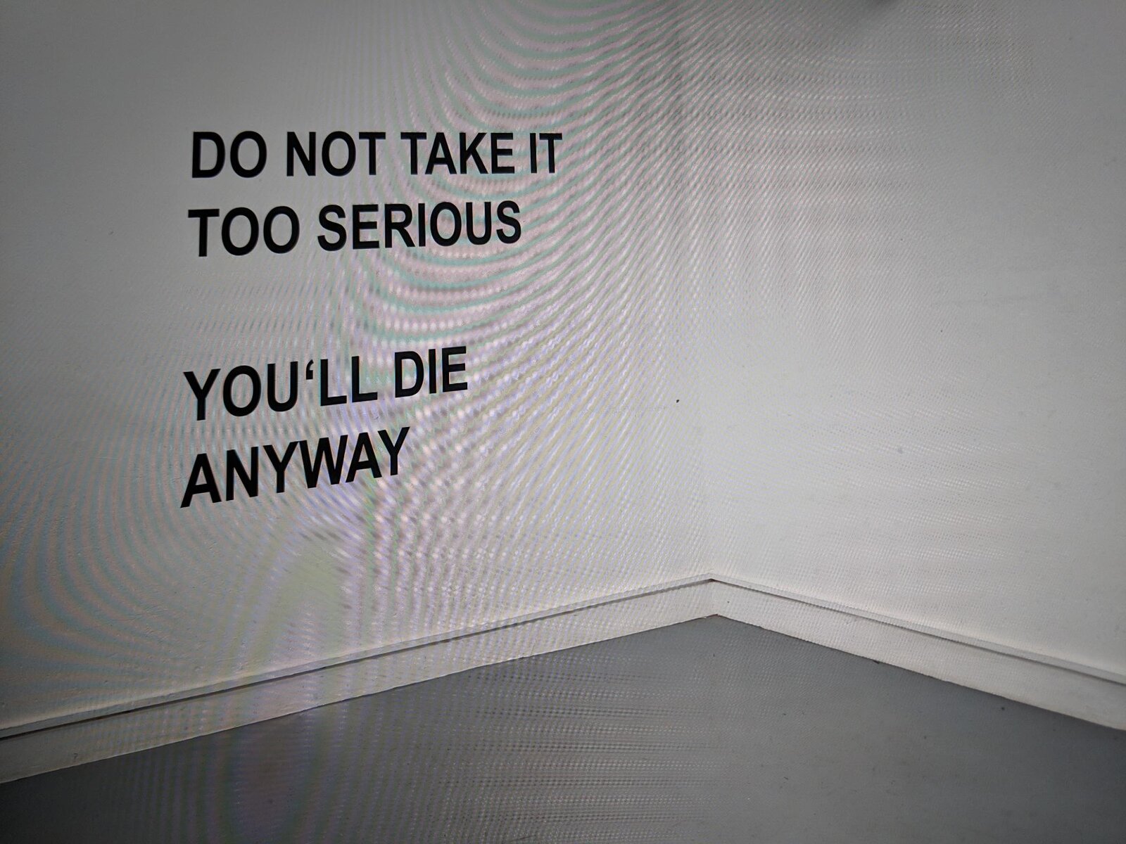 Text projected on a gallery wall: 'DO NOT TAKE IT TOO SERIOUS — YOU'LL DIE ANYWAY', moiré interference patterns rippling across the surface