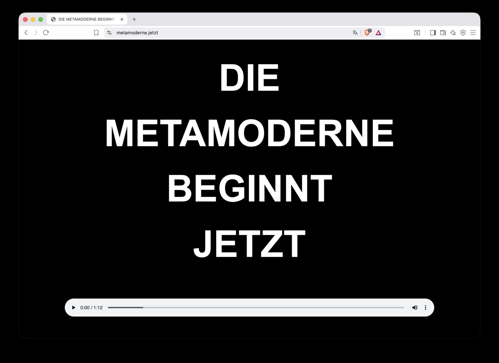 Browser screenshot of metamoderne.jetzt: a black page reading 'DIE METAMODERNE BEGINNT JETZT' with an audio player at the bottom