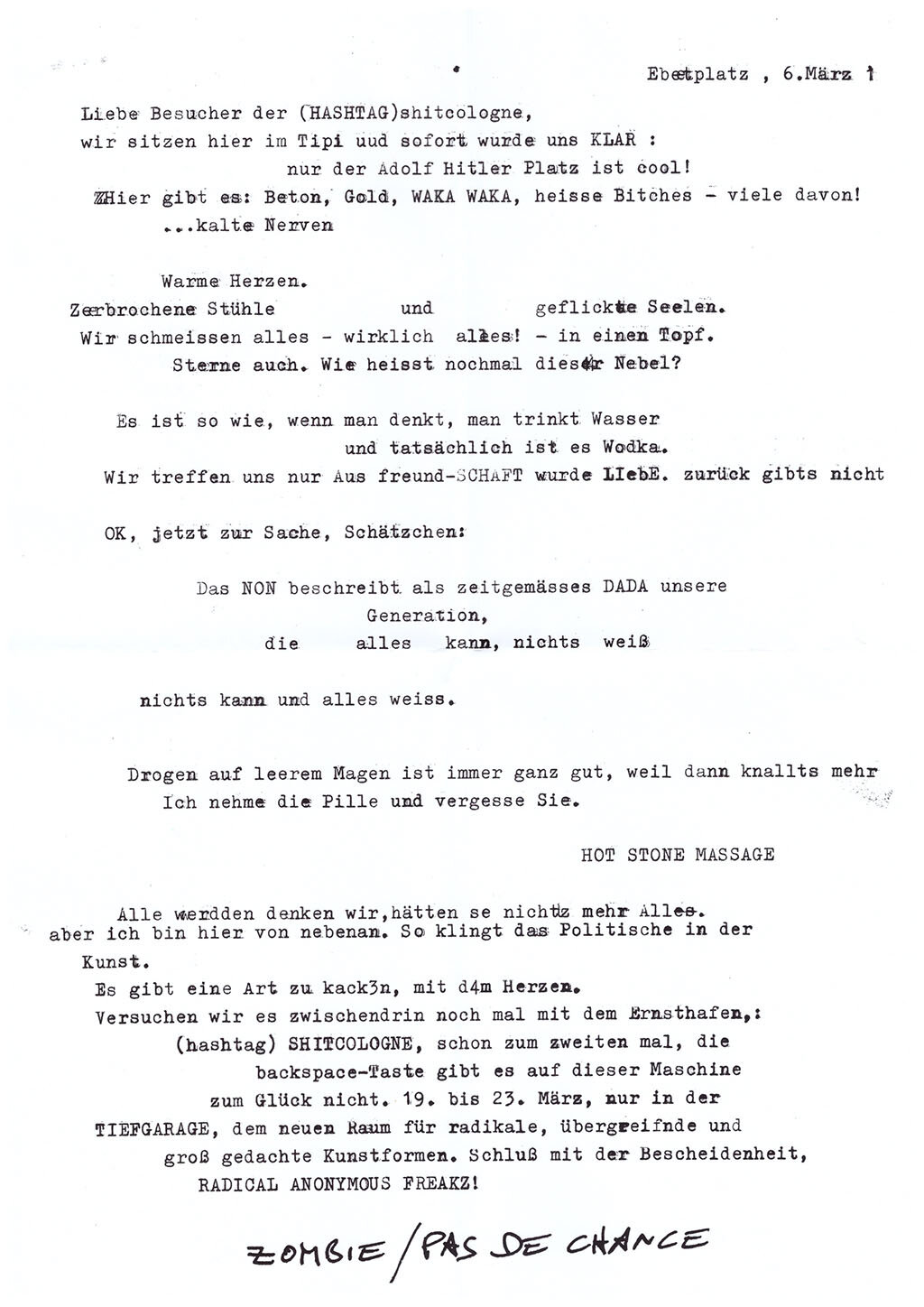A typewritten flyer page from the shitcologne sessions at Ebertplatz, Cologne